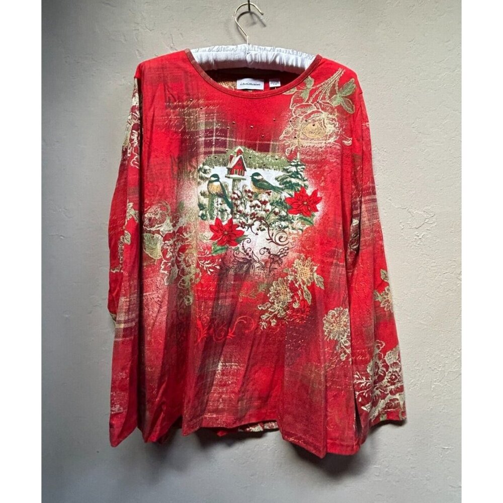 New I. B. Diffusion  Womens XL T-Shirt Birds Birdhouse Embellished Red/Gold